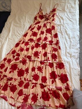 Floral Red Rose Tiered Maxi Dress - Sleeveless Spaghetti Strap